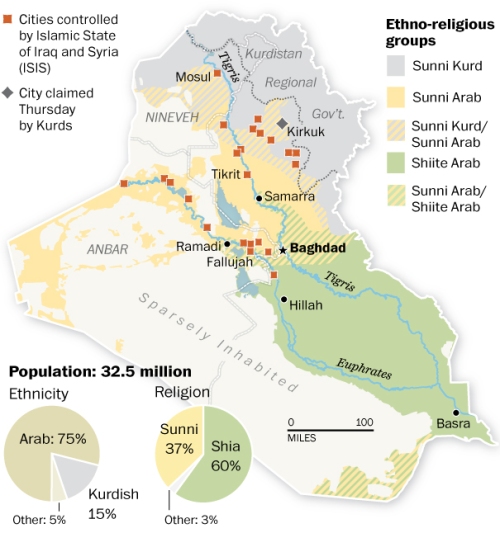 An ethno-religious map of Iraq.  Washington Post